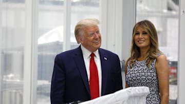 President Donald Trump along with First Lady Melania Trump tour the Orion Capsule Room at the Neil Armstrong Operations and Checkout Facility at the Kennedy Space Center in Florida on May 27, 2020.