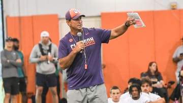 Clemson head coach Dabo Swinney speaks to football campers during the 2024 Dabo Swinney Football Camp in Clemson in Clemson June 5, 2024.