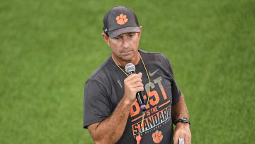 Clemson head coach Dabo Swinney talks with participants during the 2024 Dabo Swinney Football Camp in Clemson in Clemson, S.C. Tuesday, June 4, 2024.