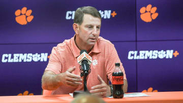 Clemson football Head Coach Dabo Swinney speaks during a press conference at the Smart Family Media Center in Clemson, S.C. Tuesday, August 27, 2024. Clemson plays University of Georgia at the Mercedes-Benz Stadium in Atlanta, Georgia Saturday, August 31 at noon.