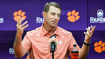 Clemson football Head Coach Dabo Swinney speaks during a press conference at the Smart Family Media Center in Clemson, S.C. Tuesday, August 27, 2024. Clemson plays University of Georgia at the Mercedes-Benz Stadium in Atlanta, Georgia Saturday, August 31 at noon.