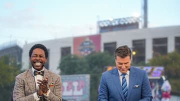 Oct 7, 2023; Dallas, TX, USA; College Gameday hosts Desmond Howard, and Rece Davis during the Broadcasting of the show before the match off between Texas Longhorns and Oklahoma Sooners at the Cotton Bowl. Mandatory Credit: Ricardo B. Brazziell-Imagn Images