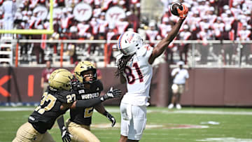 Sep 20, 2025; Blacksburg, Va.; Virginia Tech wide receiver Devin Alves (81) catches a pass during the third quarter.