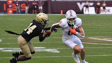 Sep 20, 2025; Blacksburg, Va.;  Virginia Tech wide receiver Ayden Greene (0) runs after a catch.