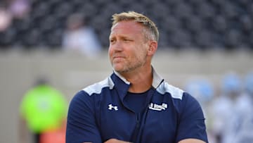 Sep 13, 2025; Blacksburg, Virginia, USA; Old Dominion Monarchs head coach Ricky Rahne before the game at Lane Stadium. Mandatory Credit: Brian Bishop-Imagn Images