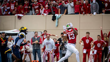 Indiana's Elijah Sarratt catches a touchdown pass against Michigan on Nov. 9, 2024.