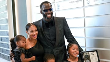 Michigan State University's 2022 Hall of Fame inductee Draymond Green poses for a photo with his family during an induction ceremony on Friday, Sept. 9, 2022, at the Clara Bell Smith Center on the MSU campus in East Lansing.

220909 Msu Hof 099a