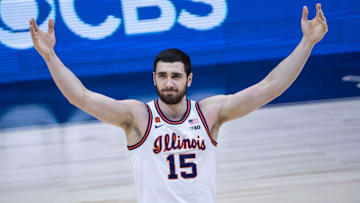 Illinois Fighting Illini forward Giorgi Bezhanishvili (15) shows his excitement after his second make with a drawn foul against the Ohio State Buckeyes during the Big Ten Tournament title game Sunday, March 14, 2021, at Lucas Oil Stadium in Indianapolis.

Photos Big Ten Championship Basketball Ohio State Illinois