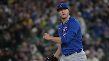 Apr 1, 2025; West Sacramento, California, USA; Chicago Cubs pitcher Justin Steele (35) looks on after throwing a pitch against the Athletics during the second inning at Sutter Health Park. Mandatory Credit: Ed Szczepanski-Imagn Images