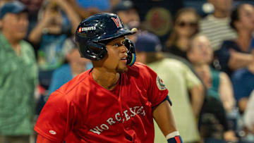 Worcester’s Kristian Campbell watches his two-run home run in the fifth inning against Lehigh Valley July 29 at Polar Park.