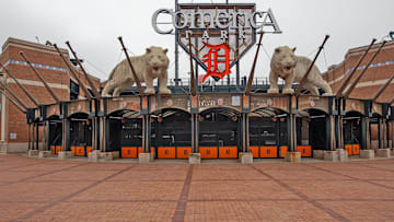Streets and parking lots surrounding Comerica Park in downtown Detroit were nearly empty on Friday, March 27, 2020 during a state order for residents to stay at home amid the coronavirus pandemic.

Opening Day Comp 1 tiger statue, comerica park logo
