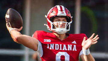 Indiana's Kurtis Rourke (9) passes during the second half of the Indiana versus Florida International football game at Memorial Stadium on Saturday, Aug. 31, 2024.