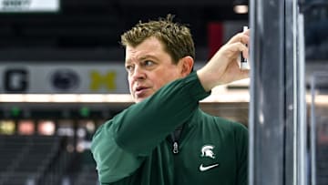 Michigan State's head coach Adam Nightingale talks with the team in practice during hockey media day on Wednesday, Sept. 27, 2023, at Munn Arena in East Lansing.