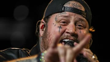 Jelly Roll gestures to the crowd during his performance on the Mane Stage during Stagecoach.