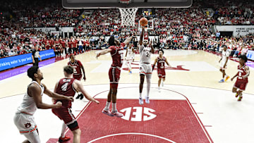 Auburn guard Denver Jones shoots the ball against Alabama in their No. 1 vs. No. 2 matchup in February. The top-ranked Tigers won, 94–85.