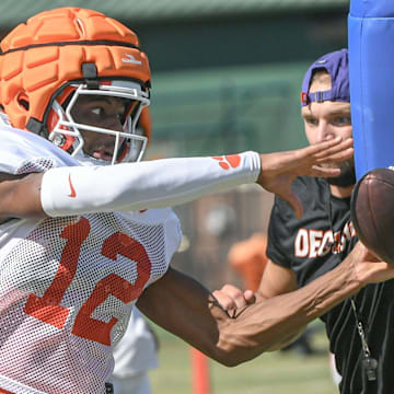 Clemson wide receiver Bryant Wesco Jr. (12) catches a pass during Clemson football practice at Jervey Meadows in Clemson, S.C. Wednesday August 7, 2024.