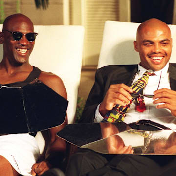 Nov 22, 1993; Phoenix, AZ, USA; NBA superstars Michael Jordan (left) and Charles Barkley during the filming of a Nike shoe commercial at the Arizona Biltmore. Mandatory Credit: Rob Schumacher/The Arizona Republic via USA TODAY NETWORK