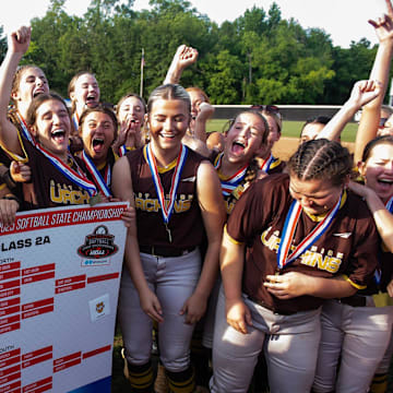 East Union Urchins' players celebrate winning the MHSAA 2A softball state championship game series against the Pisgah Dragons in Hattiesburg, Miss., on Friday, May 16, 2025.