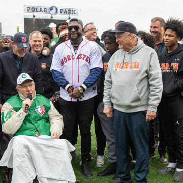 WORCESTER - Celtics and Holy Cross legend Bob Cousy speaks before the start of the WooSox season opener at Polar Park Friday, March 31, 2023.

Spt Woosox 0331 11