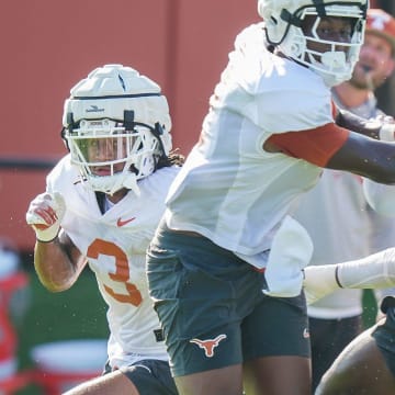 Texas Longhorns defensive back Jaylon Guilbeau during the first day with pads in fall football camp practice for the Texas Longhorns at Denius Fields on Monday, August 5, 2024.