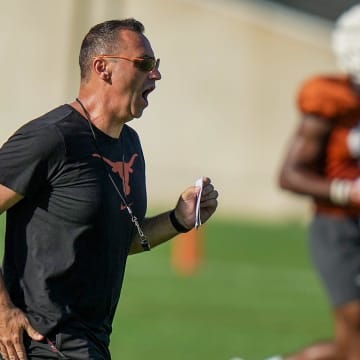 Texas Longhorns hey football coach, Steve Sarkisian during the first day with pads in fall football camp practice for the Texas Longhorns at Denius Fields on Monday, August 5, 2024.