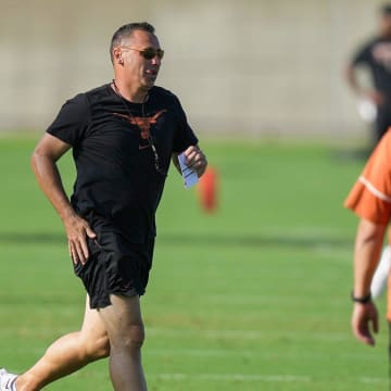 Texas Longhorns hey football coach, Steve Sarkisian during the first day with pads in fall football camp practice for the Texas Longhorns at Denius Fields on Monday, August 5, 2024.