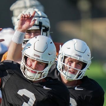 Texas Longhorns quarterback Quinn Ewers during the first day with pads of the fall football camp at Denius Fields on Monday, August 5, 2024.