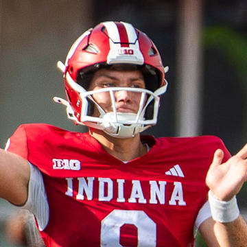 Indiana's Kurtis Rourke (9) passes during the second half of the Indiana versus Florida International football game at Memorial Stadium on Saturday, Aug. 31, 2024.