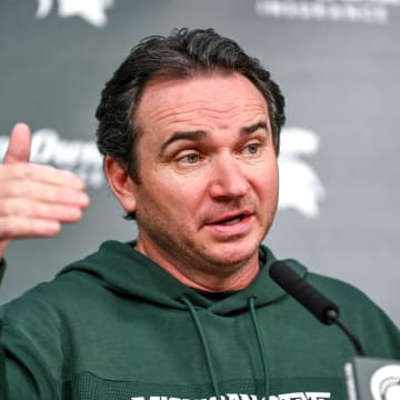 Michigan State coach Jonathan Smith talks the media on the first national signing day for college football recruits Wednesday, Dec. 20, 2023, at Spartan Stadium in East Lansing.