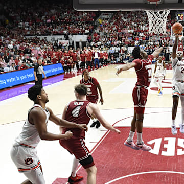 Auburn guard Denver Jones shoots the ball against Alabama in their No. 1 vs. No. 2 matchup in February. The top-ranked Tigers won, 94–85.