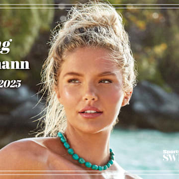 Ellie Thumann was photographed by Ben Watts in Bermuda. Necklace by Lele Sadoughi.
