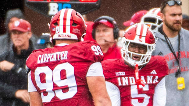 Indiana's D'Angelo Ponds (5) celebrates a 4th down stop during the Indiana versus Maryland football game at Memorial Stadium