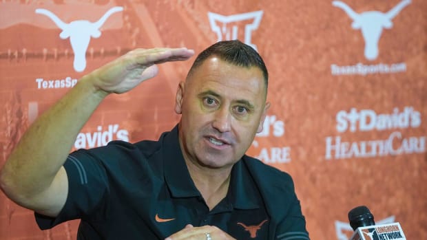 Longhorns Head coach Steve Sarkisian answer questions from the local news media during the first press conferences for the 2023 football season on August 1, 2023.