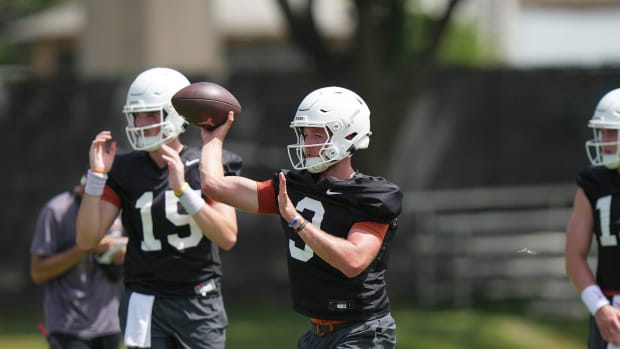 Texas Longhorns Quinn Ewers,3, during the first fall football camp practice for the Texas Longhorns at Denius Fields on Wedne