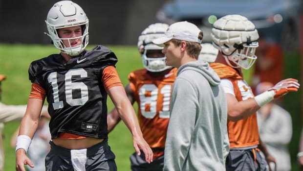 Texas Longhorns Arch Manning, 16, during the first fall football camp practice for the Texas Longhorns at Denius Fields on We