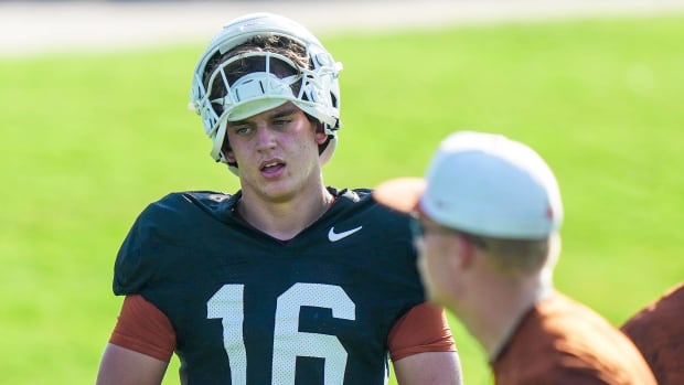 Texas Longhorns quarterback Arch Manning during the first day with pads in fall football camp practice for the Texas Longhorn