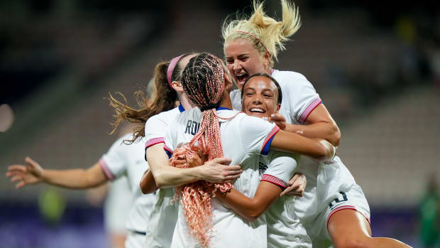 USWNT celebrates goal vs. Zambia in 2024 Paris Olympics opening game.