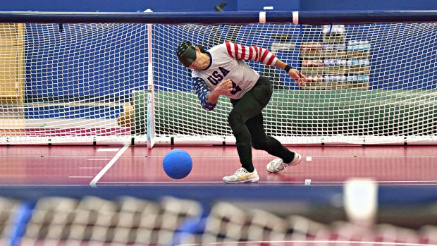 Tyler Merren, a goalballer for Team USA, competes during a game of goalball. 