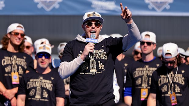 Los Angeles Dodgers first base Freddie Freeman speaks at World Series celebration at Dodger Stadium. 