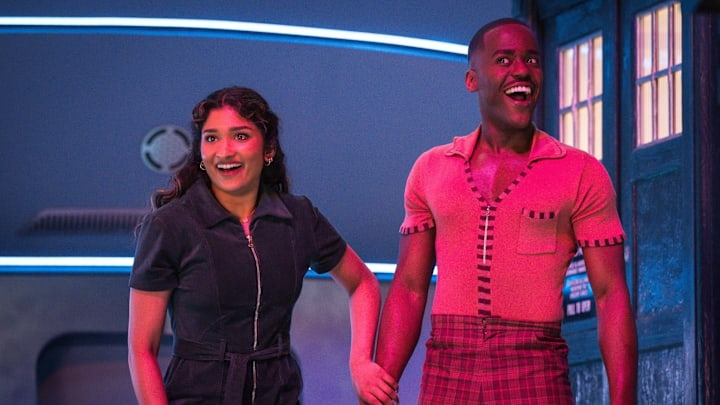 Doctor Who. Image shows Belinda Chandra (Varada Sethu) The Doctor (Ncuti Gatwa) Credit: Lara Cornell/BBC Studios/Disney/Bad Wolf