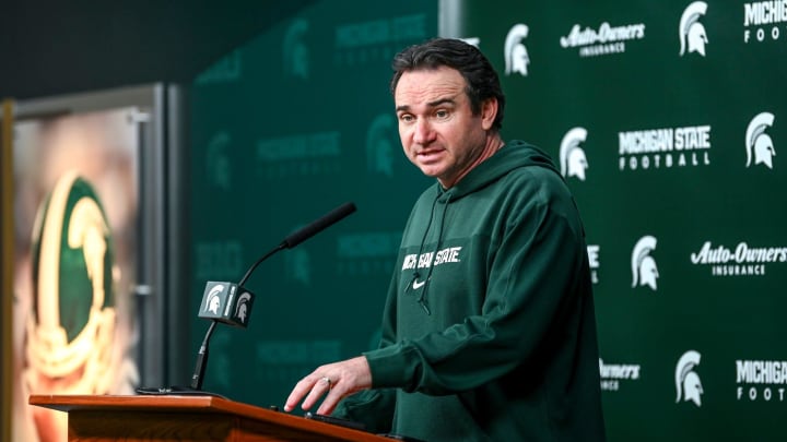 Michigan State coach Jonathan Smith talks the media on the first national signing day for college football recruits Wednesday, Dec. 20, 2023, at Spartan Stadium in East Lansing.