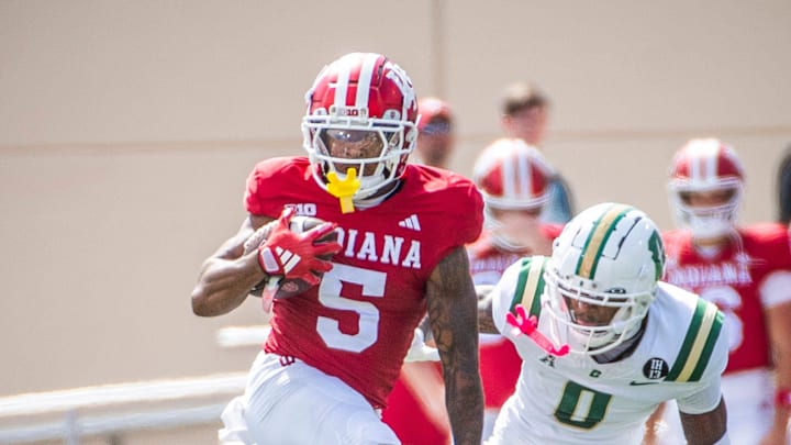 Indiana's Ke'Shawn Williams (5) runs during the Indiana versus Charlotte football game at Memorial Stadium on Saturday, Sept. 21, 2024.