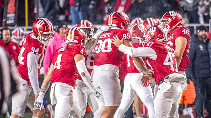 Indiana's James Carpenter (99) celebrates his fouth down conversion during the Indiana versus Purdue football game at Memorial Stadium on Saturday, Nov. 30, 2024.