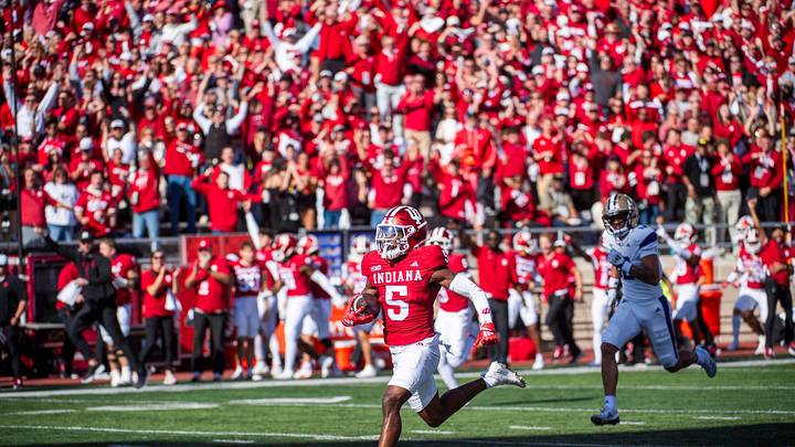 Indiana's D'Angelo Ponds (5) makes an interception and returns it for a touchdown during the Indiana versus Washington football game at Memorial Stadium on Oct. 26, 2024.
