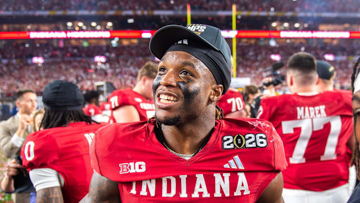 Indiana's Roman Hemby (1) celebrates after the College Football Playoff National Championship college football game at Hard Rock Stadium in Miami Gardens on Monday, Jan. 19, 2026.