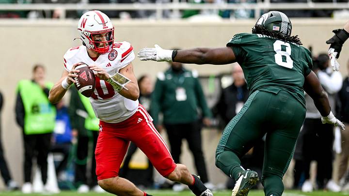 Michigan State's Simeon Barrow Jr., right, pressures Nebraska's Heinrich Haarberg during the third