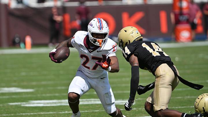 Sep 20, 2025; Blacksburg, Virginia, USA; Wofford Terriers defensive back Darius Malcolm Jr. (14) pursues Virginia Tech Hokies running back Marcellous Hawkins (27) as he runs the ball during the second quarter at Lane Stadium. Mandatory Credit: Brian Bishop-Imagn Images