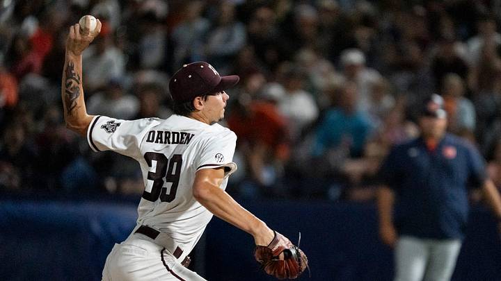 Texas A&M Aggies' Ethan Darden (39) pitches as Auburn Tigers take on Texas A&M Aggies during the SEC baseball tournament at Hoover Metropolitan Stadium in Hoover, Ala. on Friday, May 22, 2026.