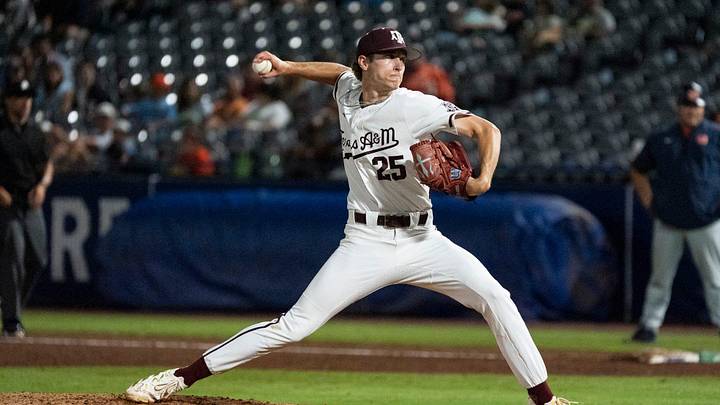 Texas A&M Aggies' Clayton Freshcorn (25) pitches as Auburn Tigers take on Texas A&M Aggies during the SEC baseball tournament at Hoover Metropolitan Stadium in Hoover, Ala. on Friday, May 22, 2026. Auburn Tigers defeated Texas A&M Aggies 7-0.