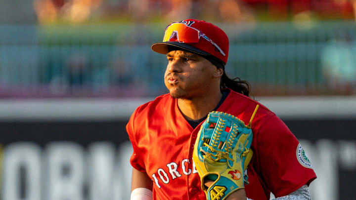Worcester center fielder Jhostynxon Garcia runs off the field at Polar Park July 29.